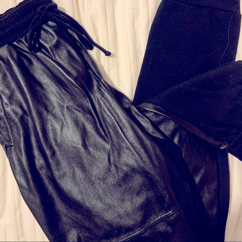 Pleather joggers with fabric on the back